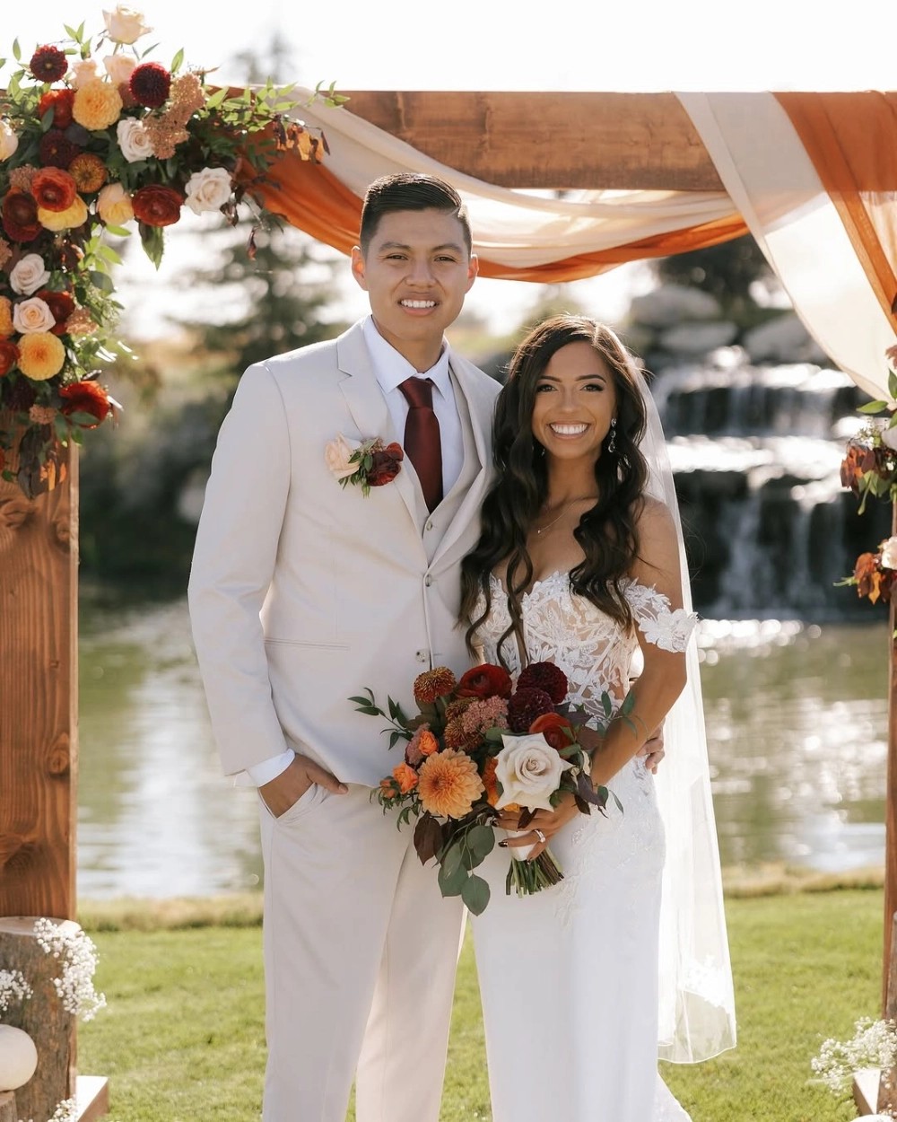 Сouple wearing a white gown and a white suit